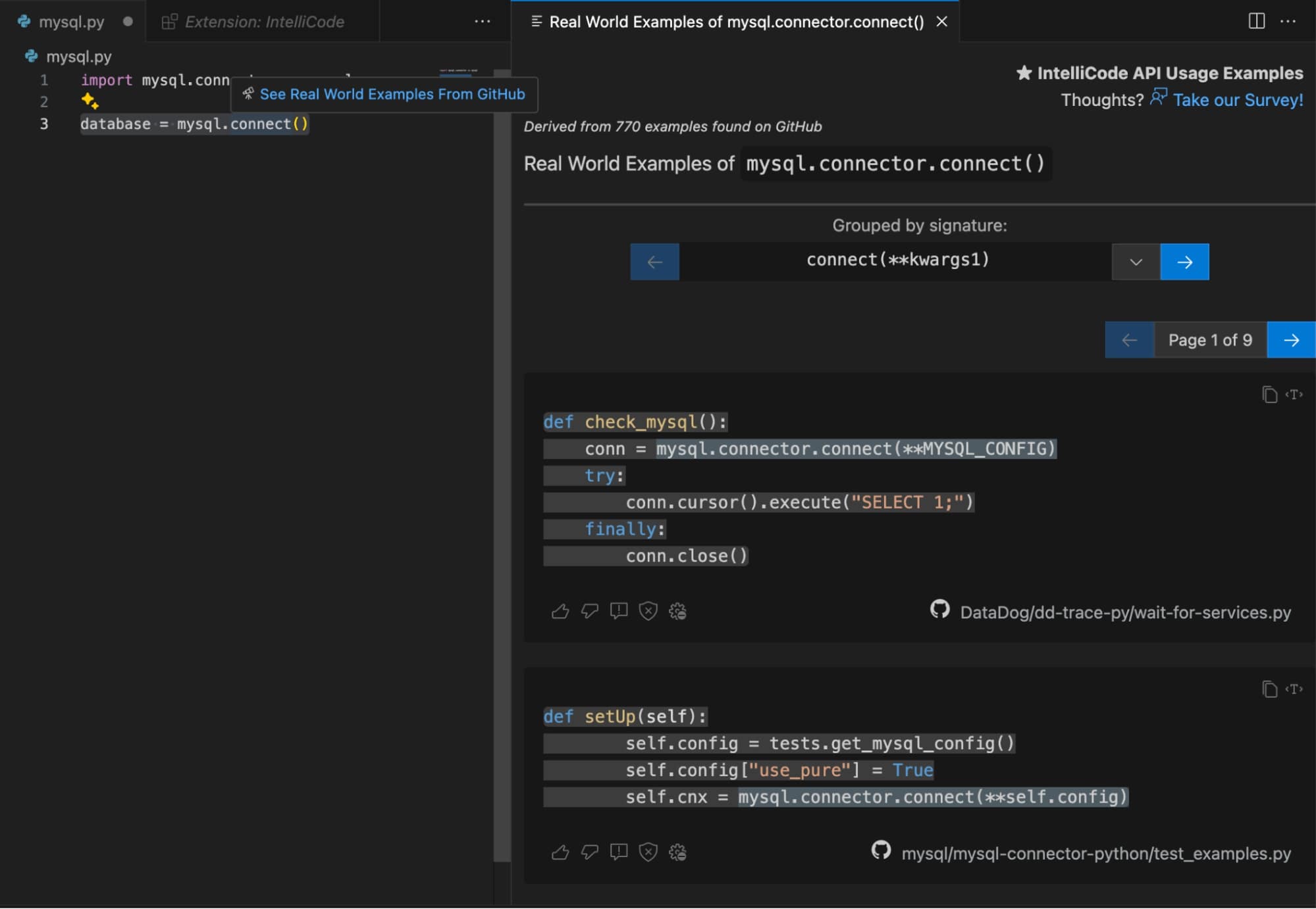 Python MySQL connector connect() function example in VS Code showing real-world usage of database connection with mysql.connector.connect