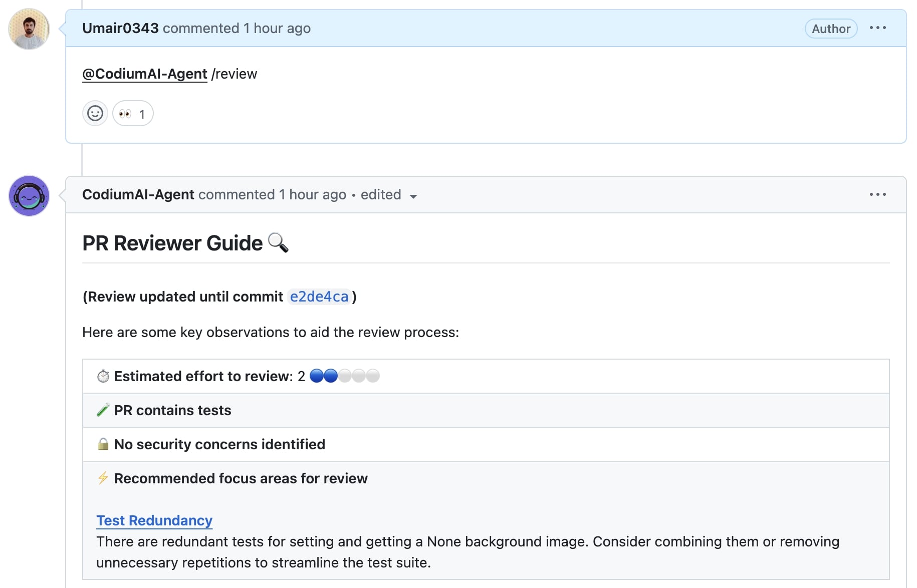 CodiumAI automated pull request review guide showing test redundancy warning, estimated review effort, and no security concerns for commit e2de4ca.