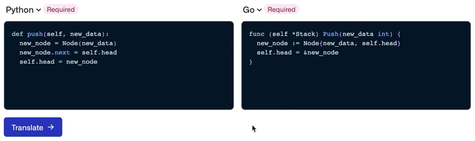 Code translation example showing stack push function in Python and Go with side-by-side syntax comparison