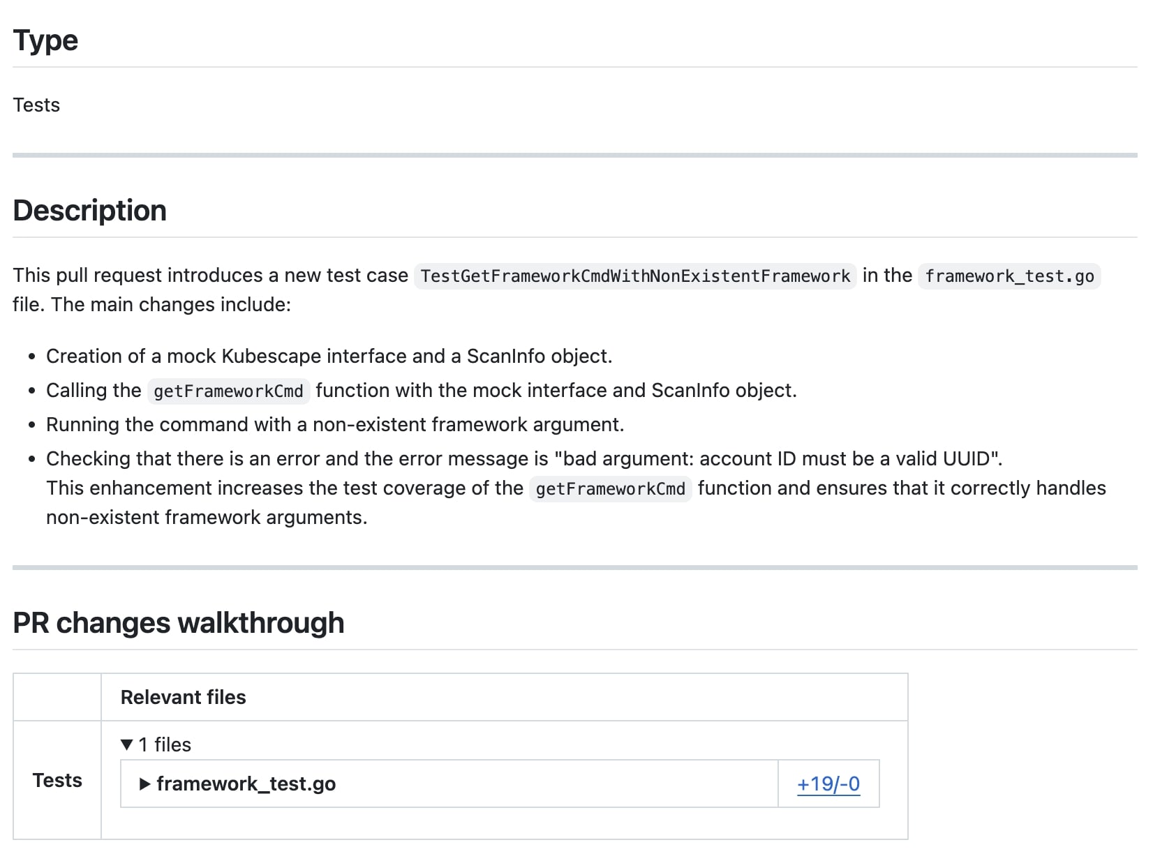 Pull request description showing new test case TestGetFrameworkCmdWithNonExistentFramework in framework_test.go, detailing mock interface creation, ScanInfo usage, error handling, and test coverage improvements.
