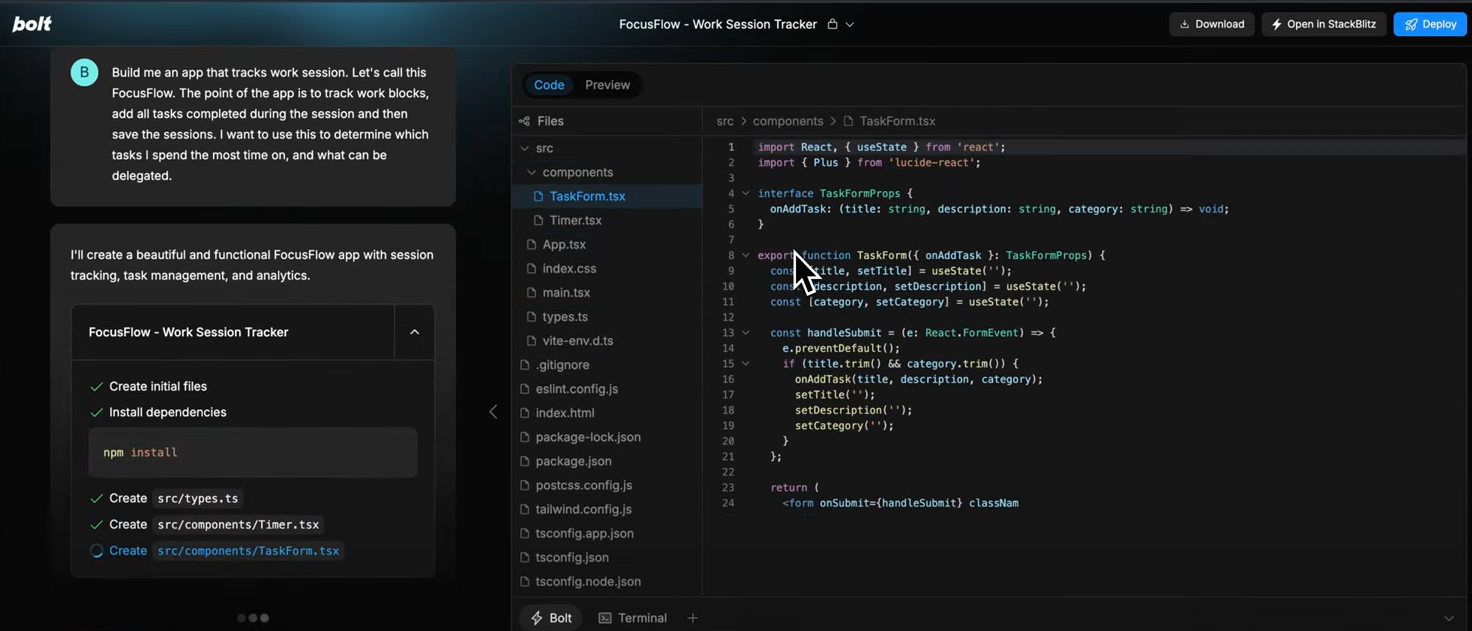 React TaskForm.tsx component in FocusFlow app showing useState hooks for title, description, and category inputs