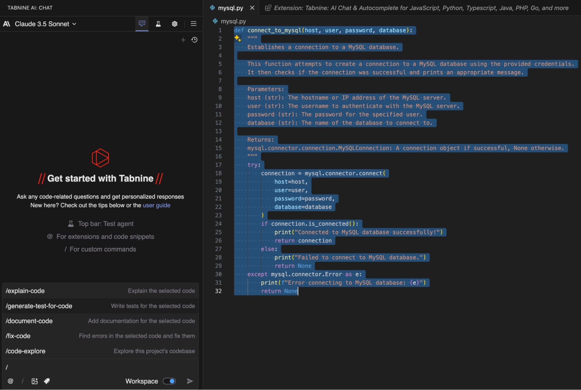 Tabnine AI coding assistant with Claude 3.5 Sonnet in VS Code, showing Python MySQL connection code example with highlighted function for database integration and error handling.