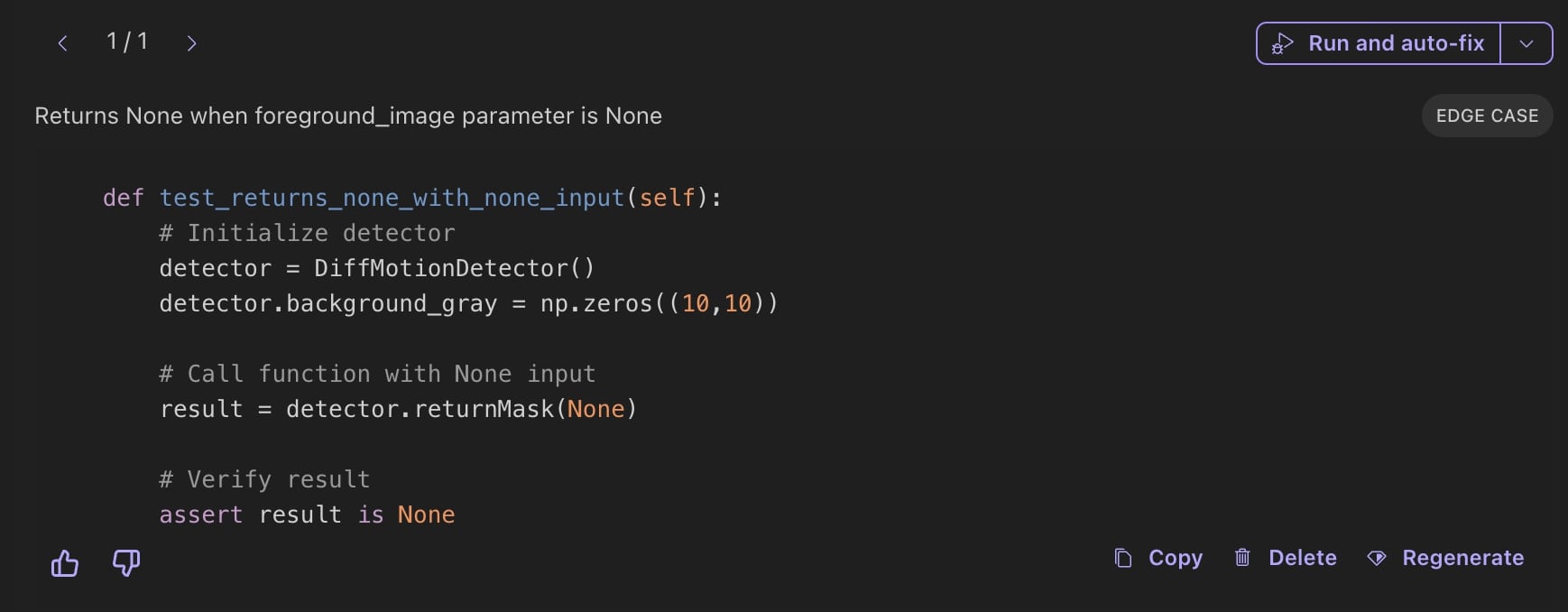 Qodo AI code review example showing Python unit test for DiffMotionDetector returnMask handling None input with auto-fix and regenerate options.