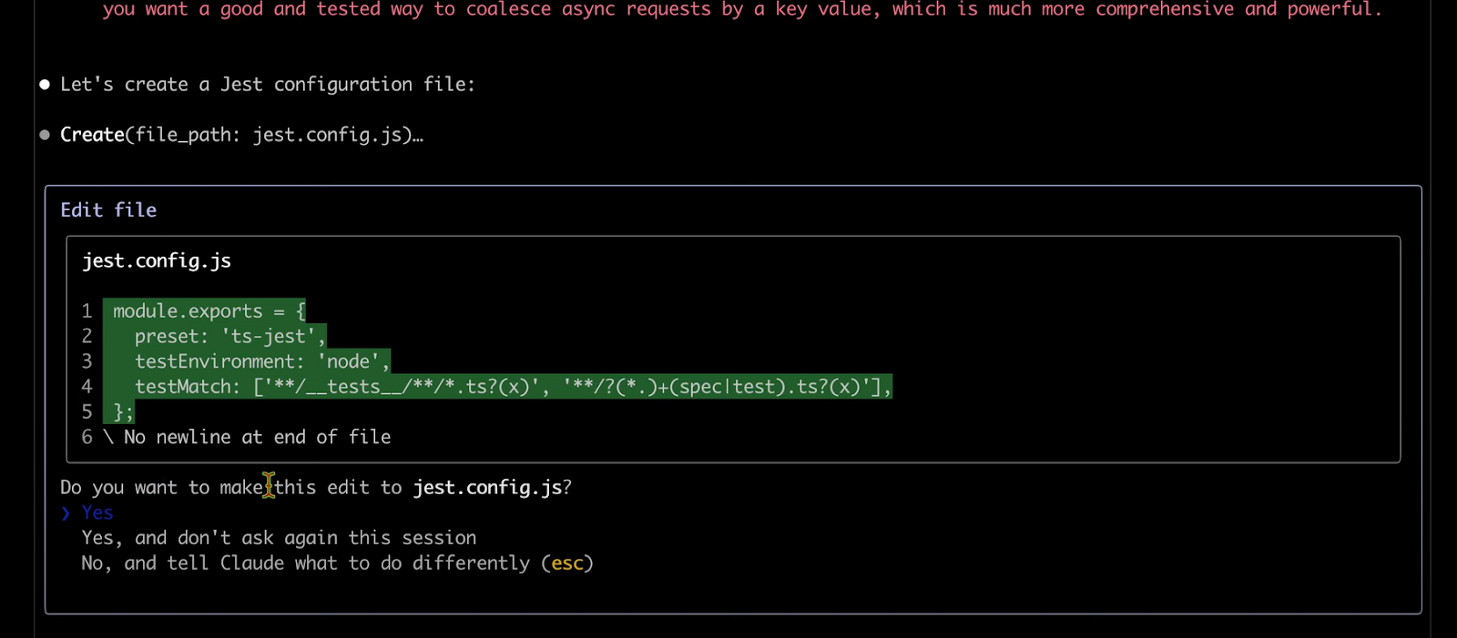Claude Code scanned the repository and created a jest.config.js file.