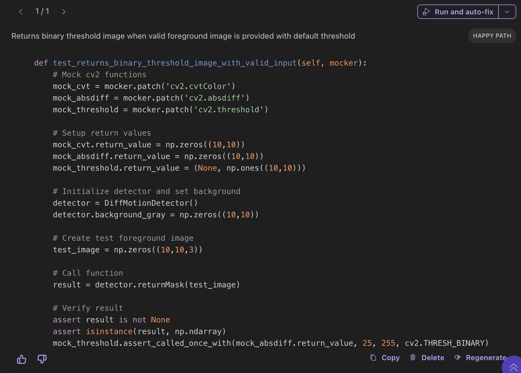Qodo AI code review showing Python unit test for OpenCV binary threshold function using mocker, DiffMotionDetector, and auto-fix suggestion panel.
