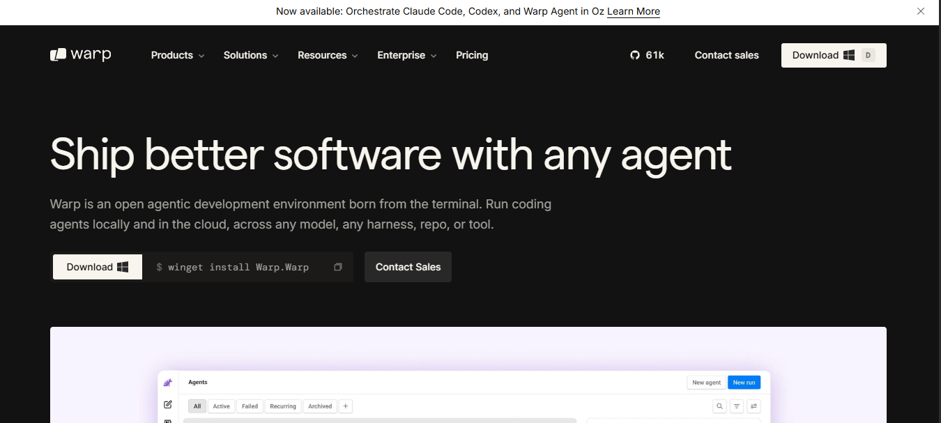 Warp agentic terminal homepage with headline "Ship better software with any agent" and CLI install command for coding agents