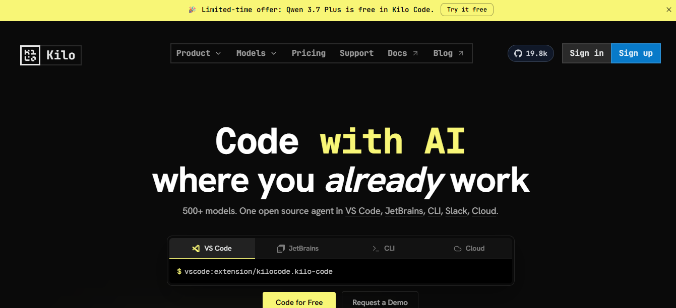 Kilo Code open-source AI coding agent homepage showing support for 500+ models across VS Code, JetBrains, CLI, Slack, and Cloud