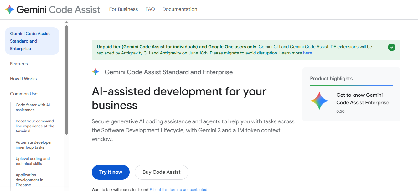 Gemini Code Assist Enterprise product page highlighting AI-powered SDLC assistance with Gemini 3 and a 1M token context window