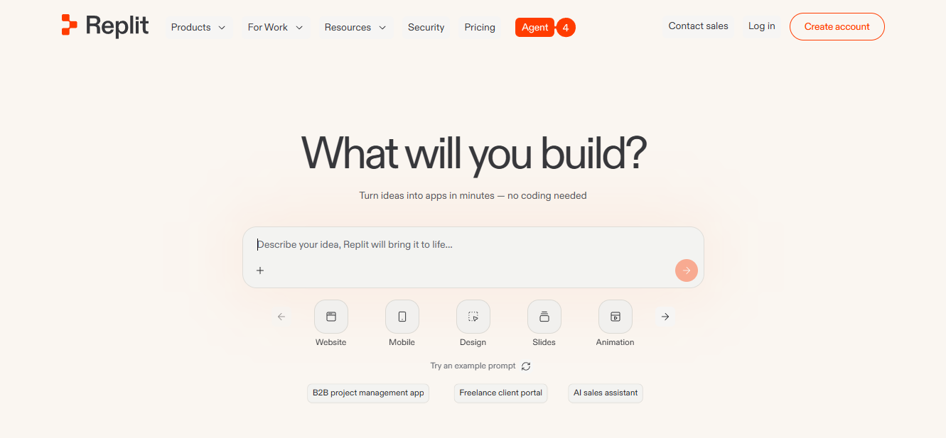 Replit browser-based development platform homepage with tagline "Turn ideas into apps in minutes" and no-code prompt builder