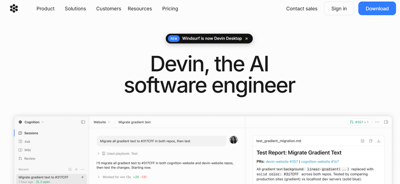 Windsurf AI coding IDE homepage announcing rebrand to Devin Desktop with a live gradient text migration session across two repos