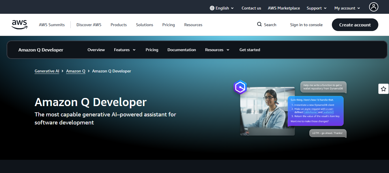 Amazon Q Developer AWS product page describing generative AI-powered software development assistance with a DynamoDB chat demo