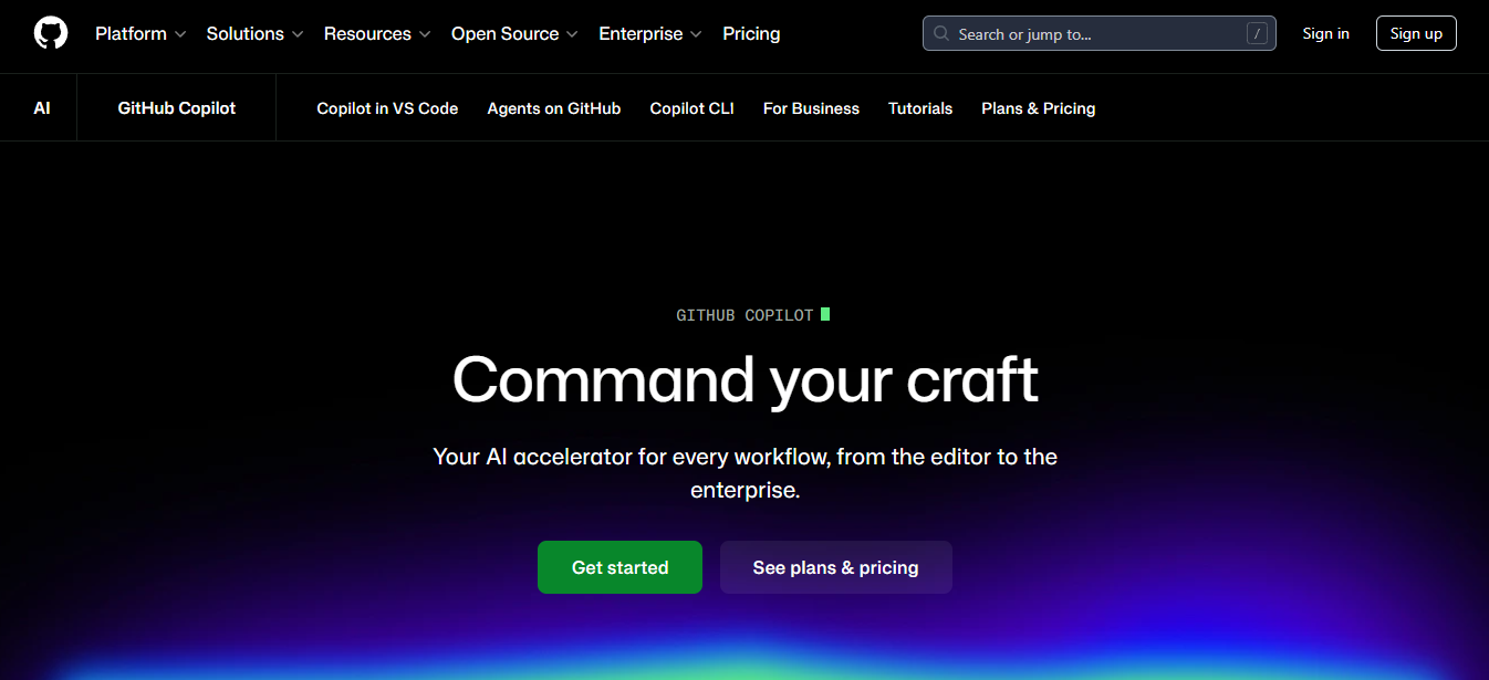 GitHub Copilot homepage with headline "Command your craft" positioning it as an AI accelerator for every development workflow