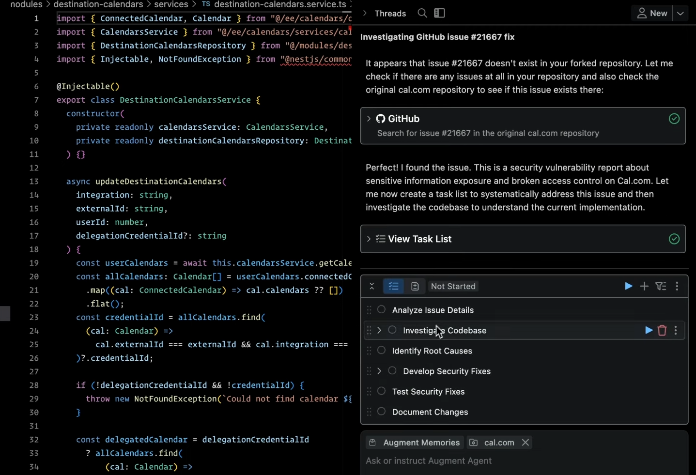 Augment Code agent panel investigating GitHub security issue #21667 with a structured six-step remediation task list