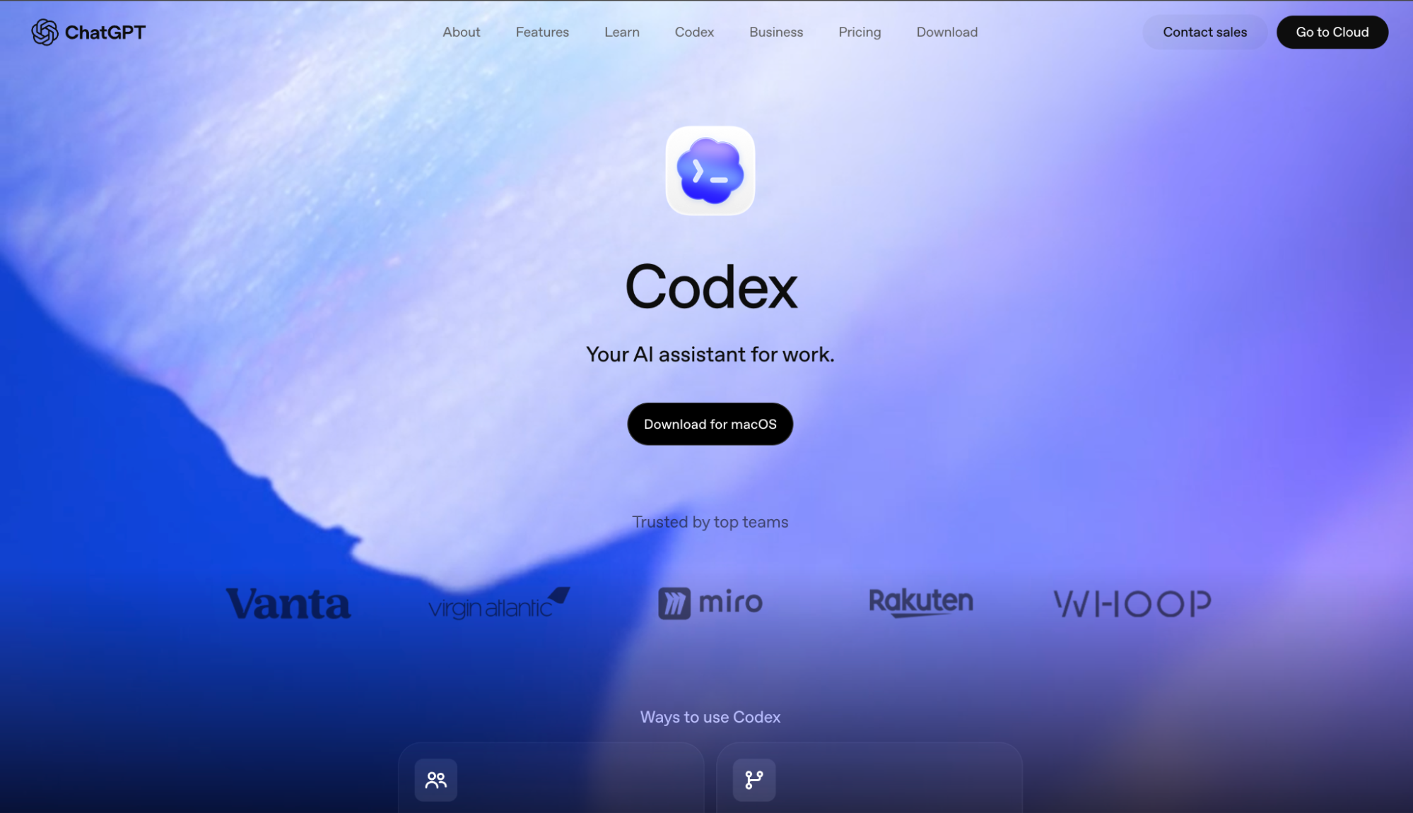 OpenAI Codex homepage with tagline "Your AI assistant for work" and trusted-by logos including Vanta and Rakuten