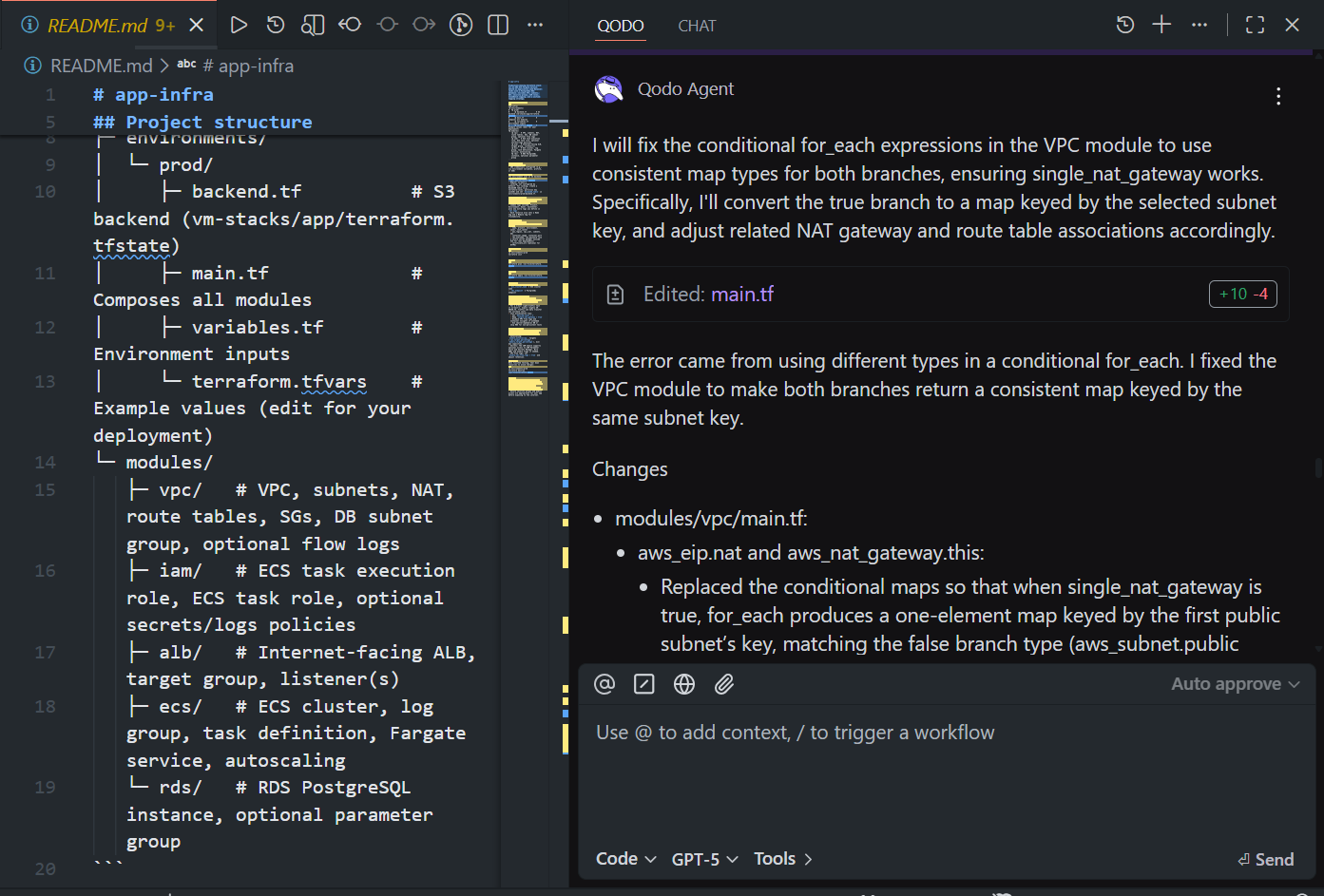 Qodo Agent in VS Code fixing a Terraform conditional type error in a VPC module with structured diff output