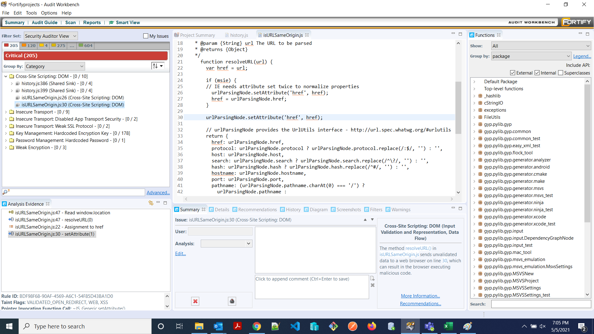 Fortify static analysis was run on the JavaScript codebase