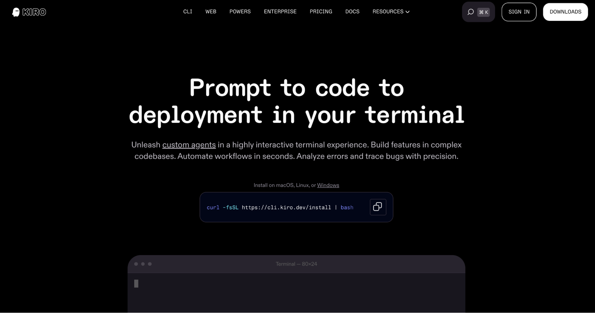 Kiro spec-driven IDE homepage with headline "Prompt to code to deployment in your terminal" and CLI install command
