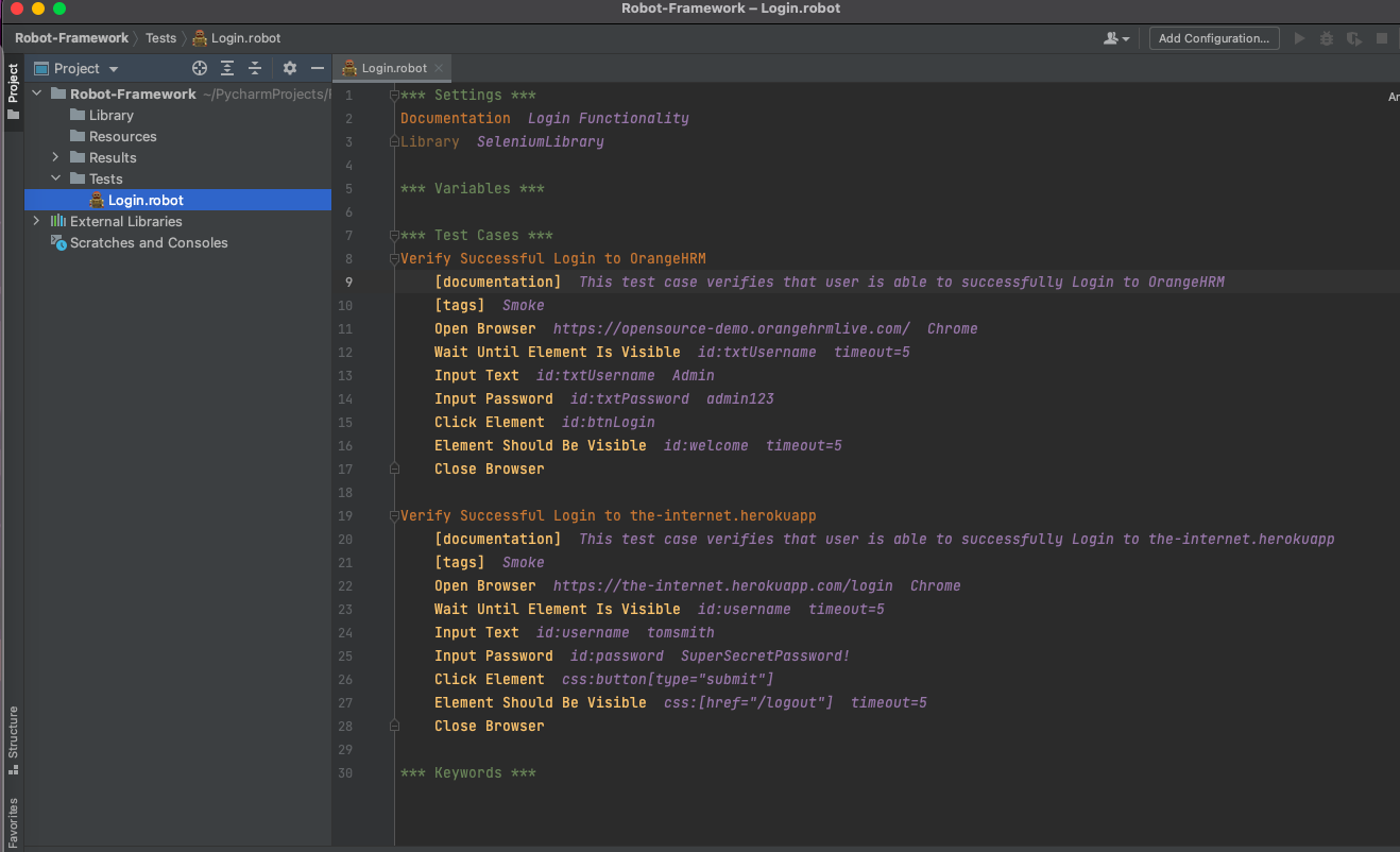 the test logic was organized in a single Login.robot file with clear Settings, Variables, and Test Cases sections
