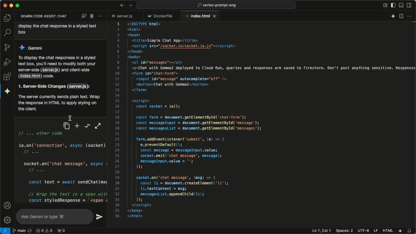 Gemini Code Assist diff preview in VS Code updating HTML and JS files to add styled chat response rendering