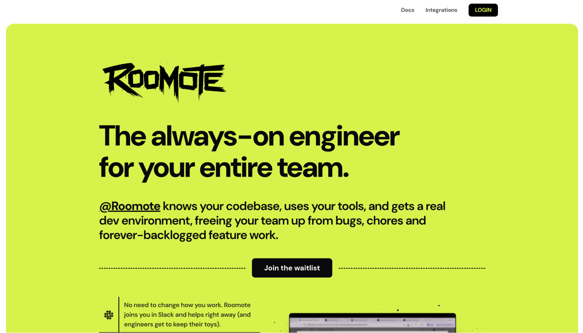 Roomote homepage with headline "The always-on engineer for your entire team" and Slack integration description