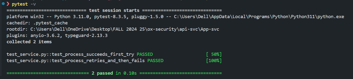 Terminal output of pytest run showing two test cases executed: test_process_succeeds_first_try and test_process_retries_and_then_fails, both passed successfully with summary '2 passed in 0.10s'.