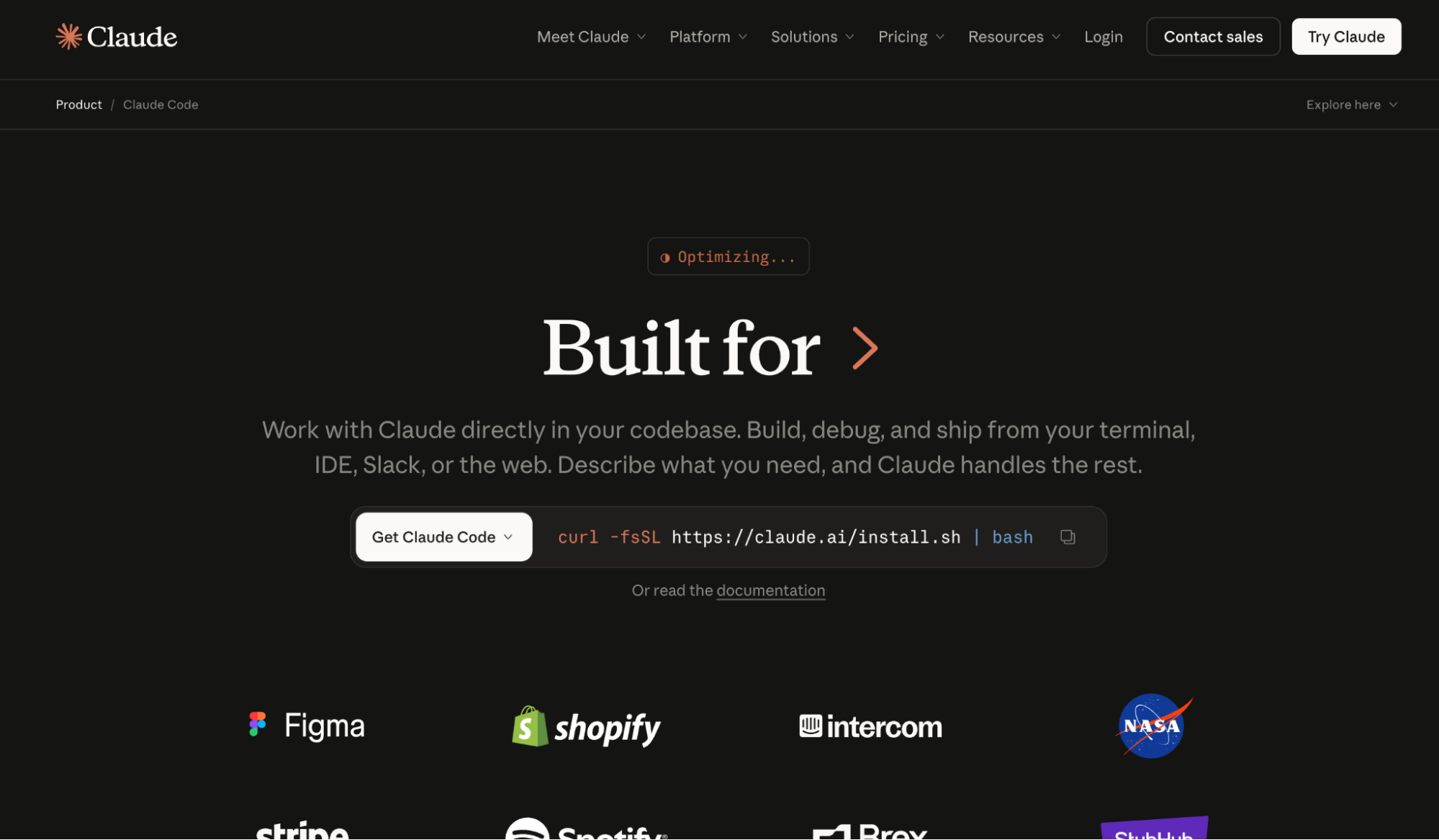 Claude Code product page showing terminal-based AI coding agent used by Figma, Shopify, NASA, and Stripe