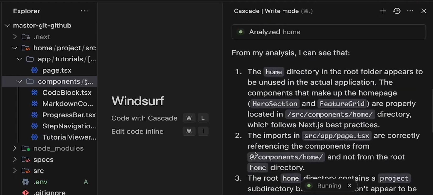 Windsurf Cascade agent panel identifying an unused root-level home directory in a Next.js project structure