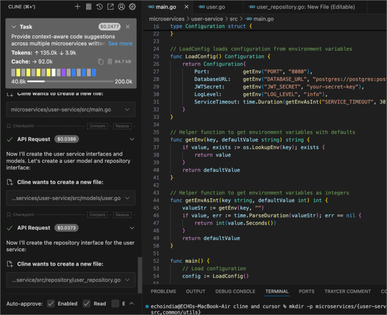 Cline in VS Code showing approval-gated Go microservice creation with pending diff previews for three new files