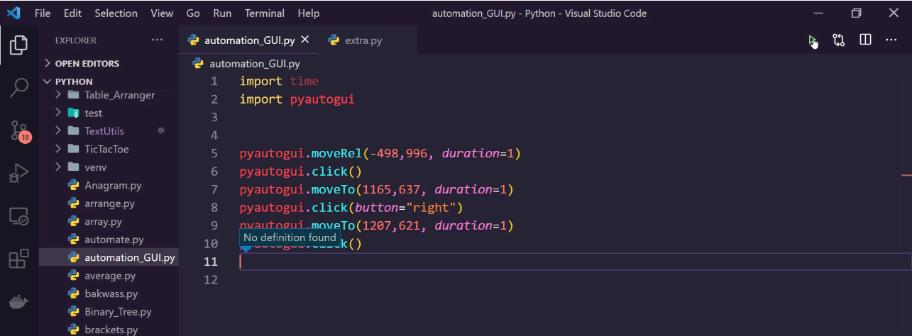 Python automation script in Visual Studio Code using PyAutoGUI to control mouse movements and clicks with functions like moveRel, moveTo, and click, demonstrating GUI automation.