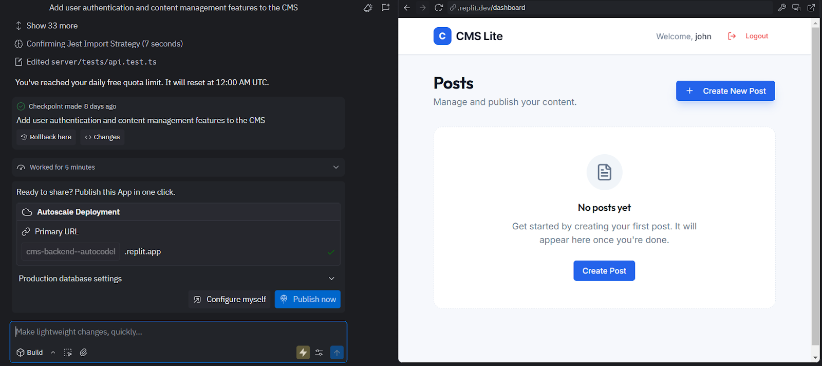 Replit CMS Lite app showing an authenticated user dashboard with Welcome John header and Create New Post button