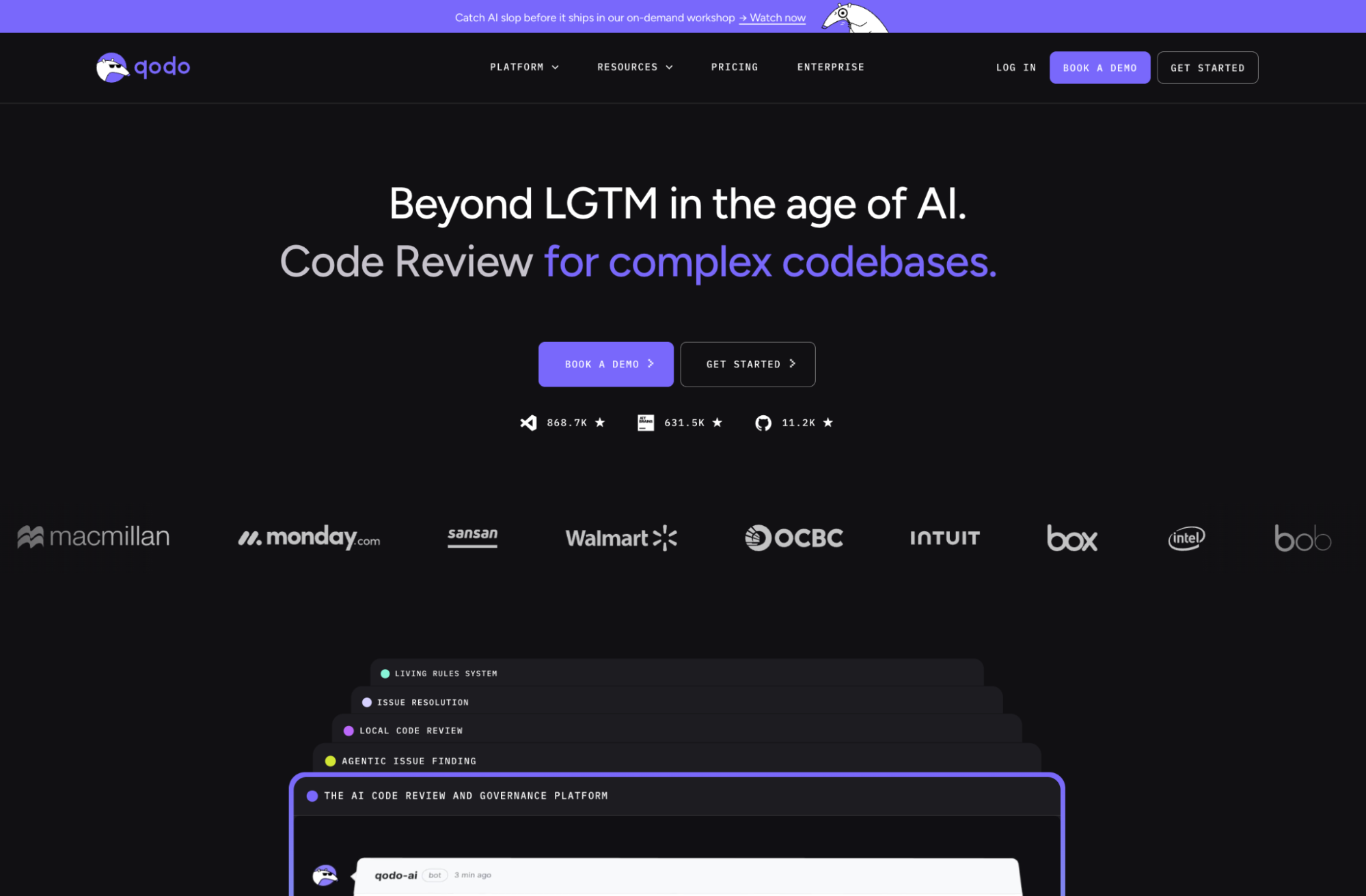 Qodo AI Code Review Platform homepage with tagline "Beyond LGTM in the age of AI" and enterprise customer logos