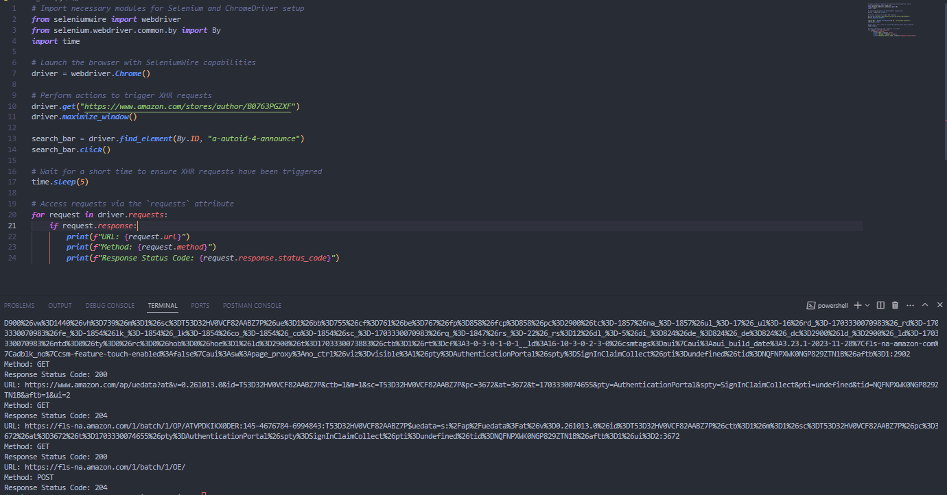 Python Selenium script in VS Code using ChromeDriver to capture and print XHR request details such as URL, method, and response status code from Amazon webpage, with terminal output showing multiple GET requests and HTTP 200 status responses.