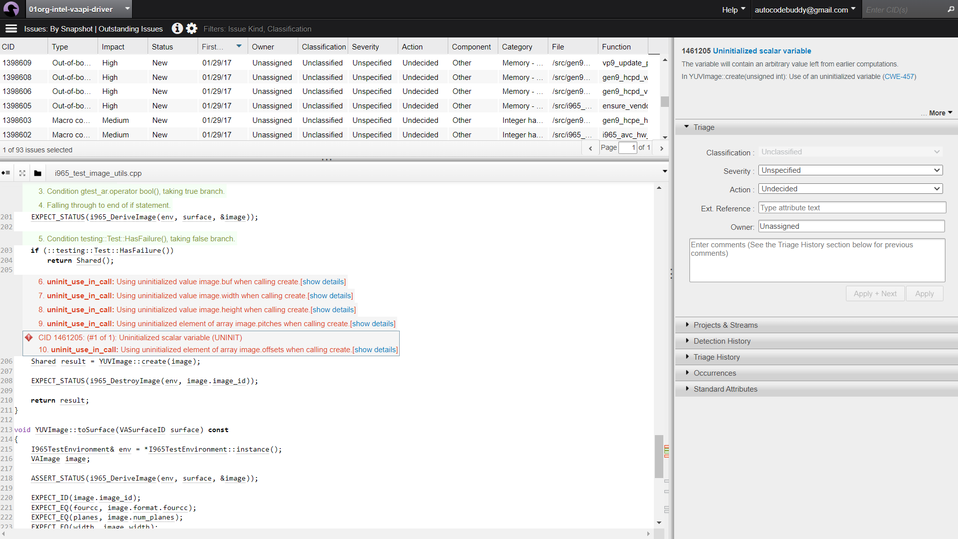 When Coverity was pointed at the VAAPI driver code, it immediately flagged a series of uninitialized variable issues in i965_test_image_utils.cpp. 