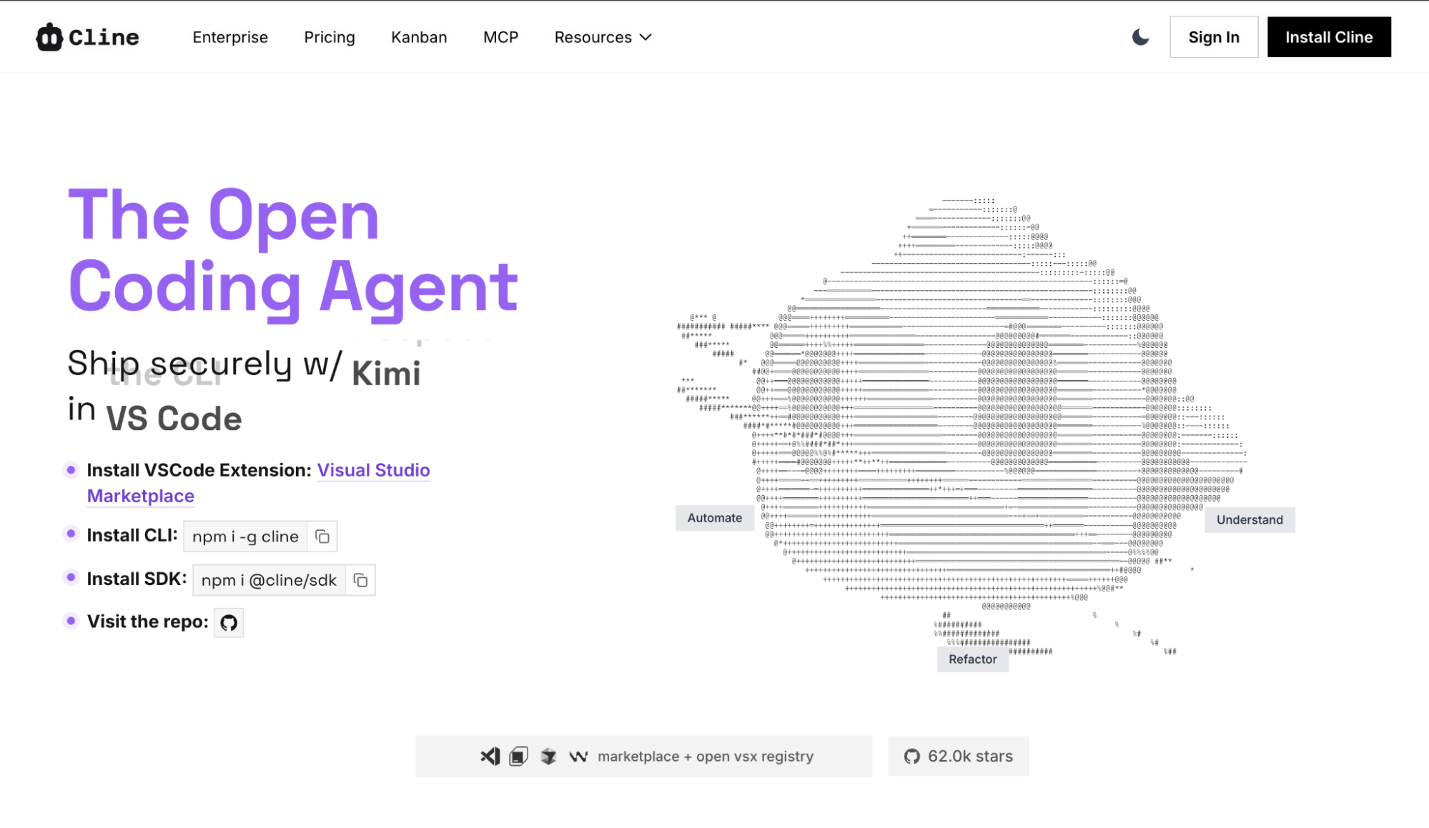 Cline open-source VS Code coding agent homepage with 62,000 GitHub stars and Plan-Act model description
