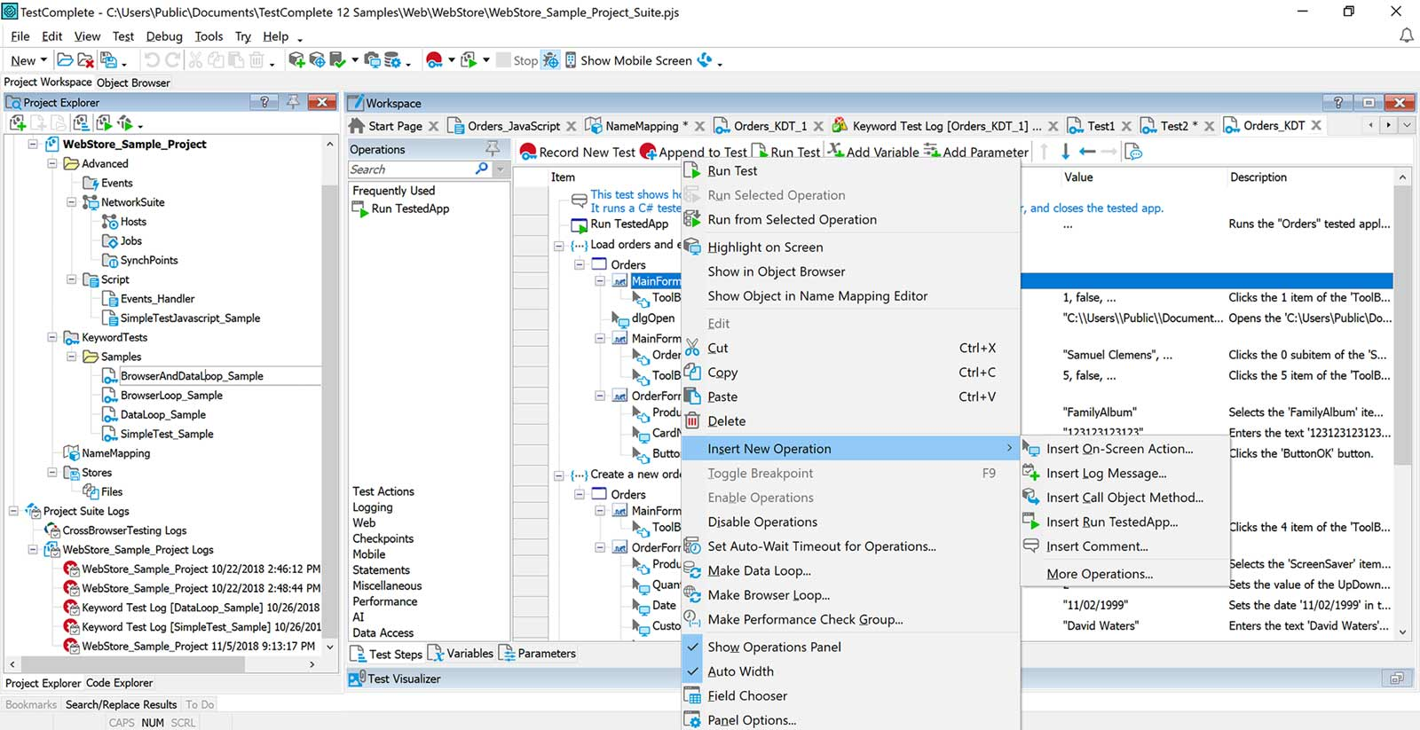 Insert New Operation" option, which allows testers to add new actions to an existing keyword test