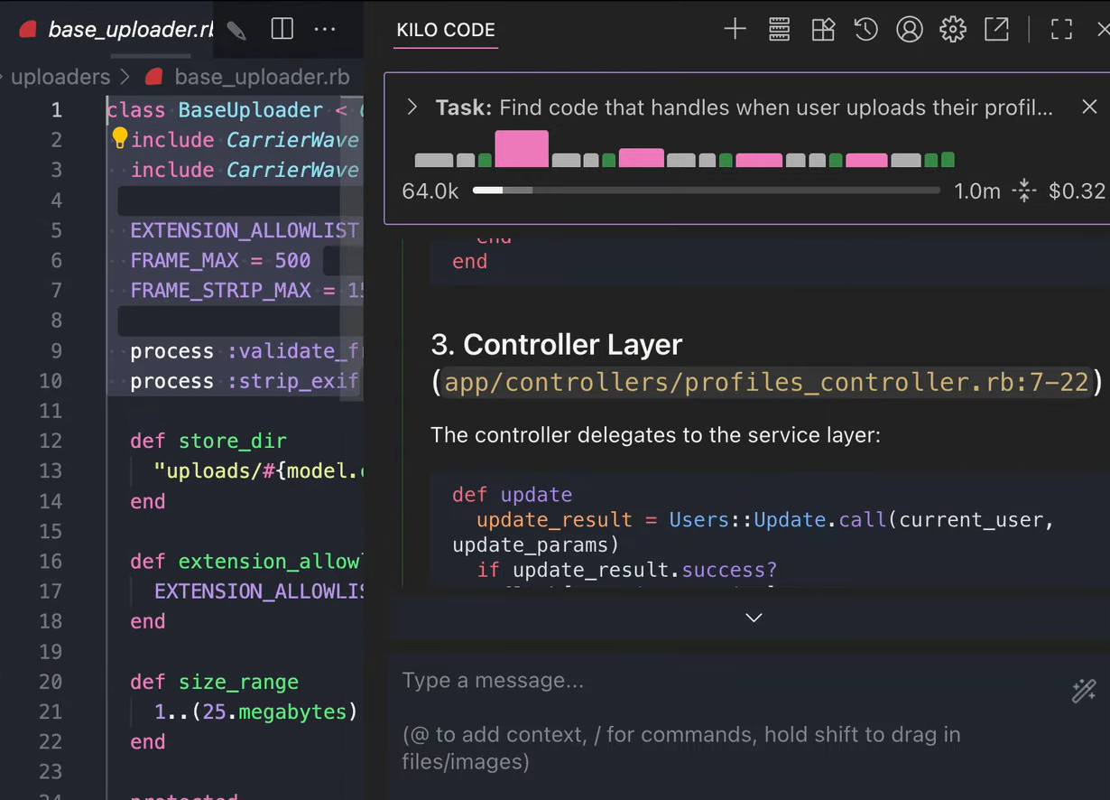 Kilo Code in VS Code tracing a user profile image upload flow from controller to CarrierWave uploader configuration