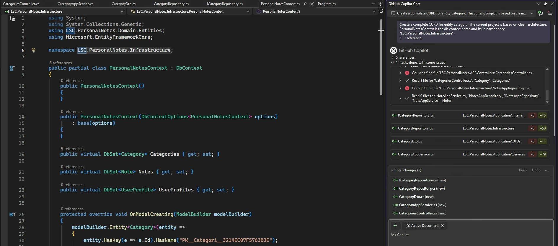 GitHub Copilot Chat generating CRUD scaffold across five files in a .NET Clean Architecture project