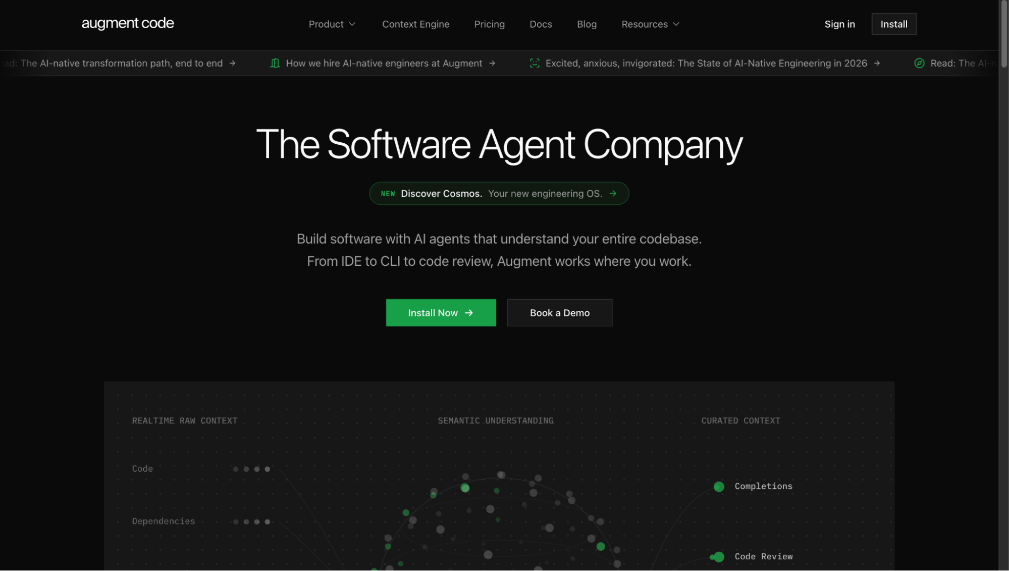 Augment Code homepage with headline "The Software Agent Company" and description of AI agents for full-stack codebases