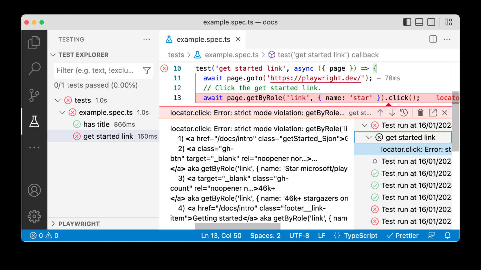 Playwright test file example.spec.ts, showing a failed test get started link with a strict mode violation error in locator.click when using getByRole('link'). The test explorer displays one failed test and detailed error logs in the terminal.