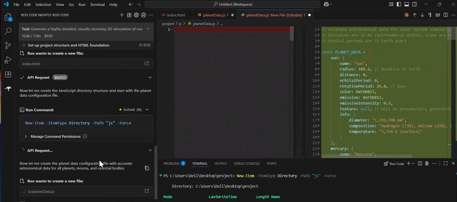 Roo Code in VS Code generating a 3D solar system simulation with structured astronomical data in planetData.js