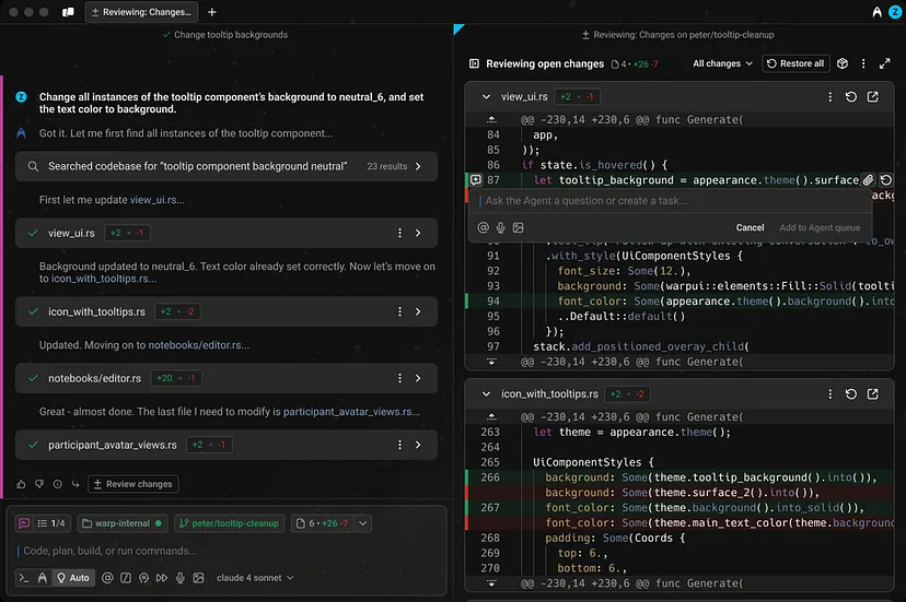 Warp terminal agent updating tooltip background styles across four Rust source files with side-by-side diff review