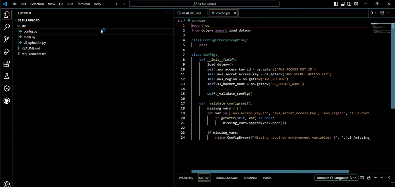 Amazon Q Developer in VS Code generating Python S3 upload code with environment-based AWS credential loading