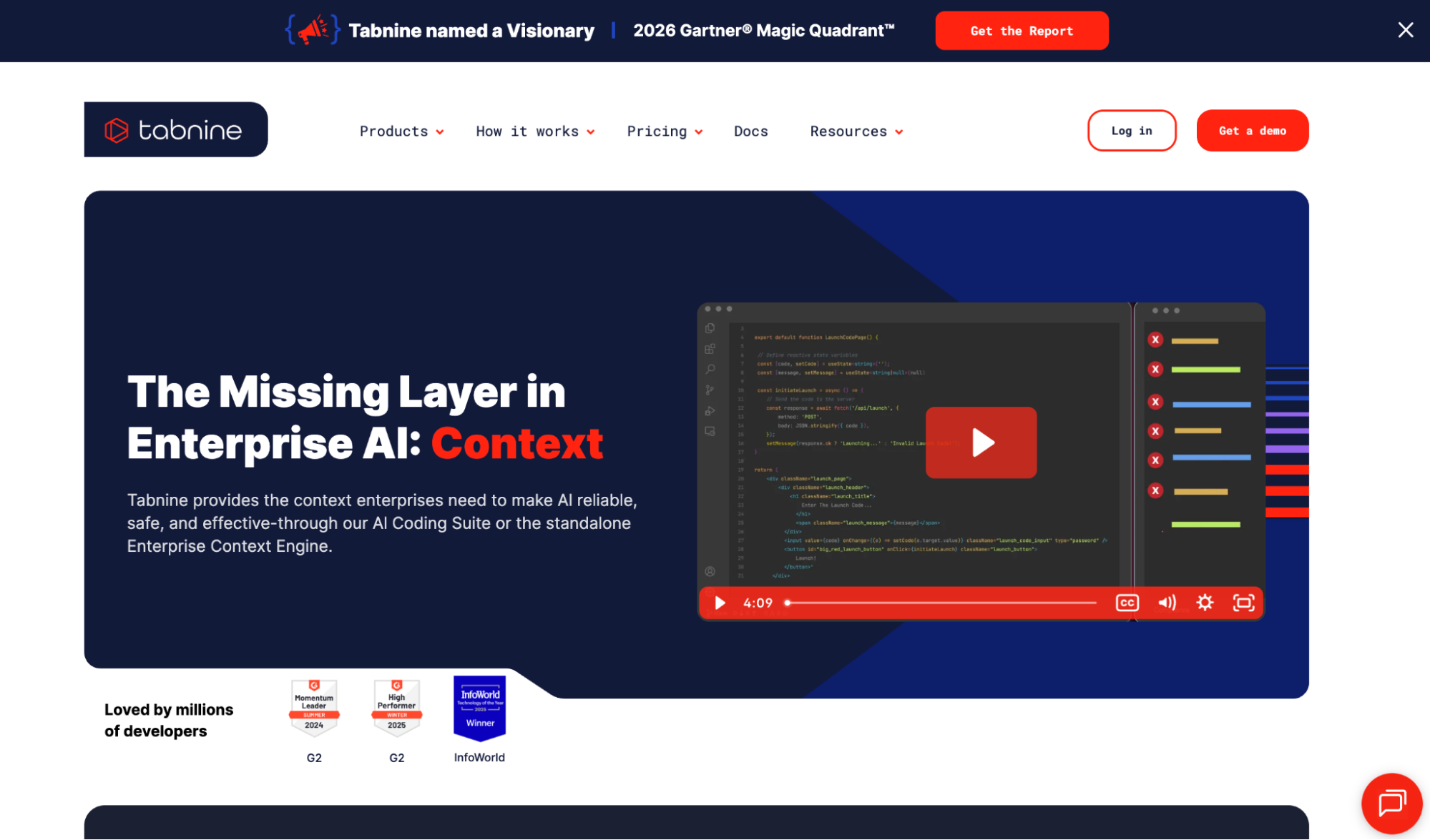 Tabnine AI coding platform interface showing enterprise-focused AI code generation and developer tools