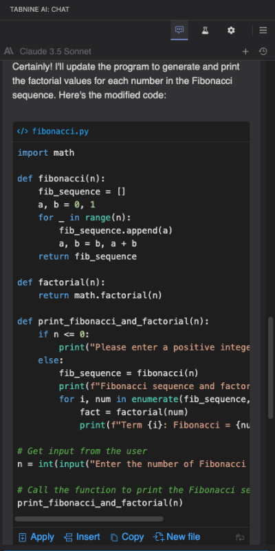 Tabnine code editor generating a Python Fibonacci program with AI-assisted code completion and editing