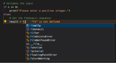 Python code editor showing Jedi-powered code completion and static analysis for a Fibonacci program