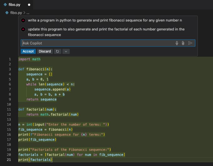 GitHub Copilot generating and editing a Python Fibonacci and factorial program inside the code editor