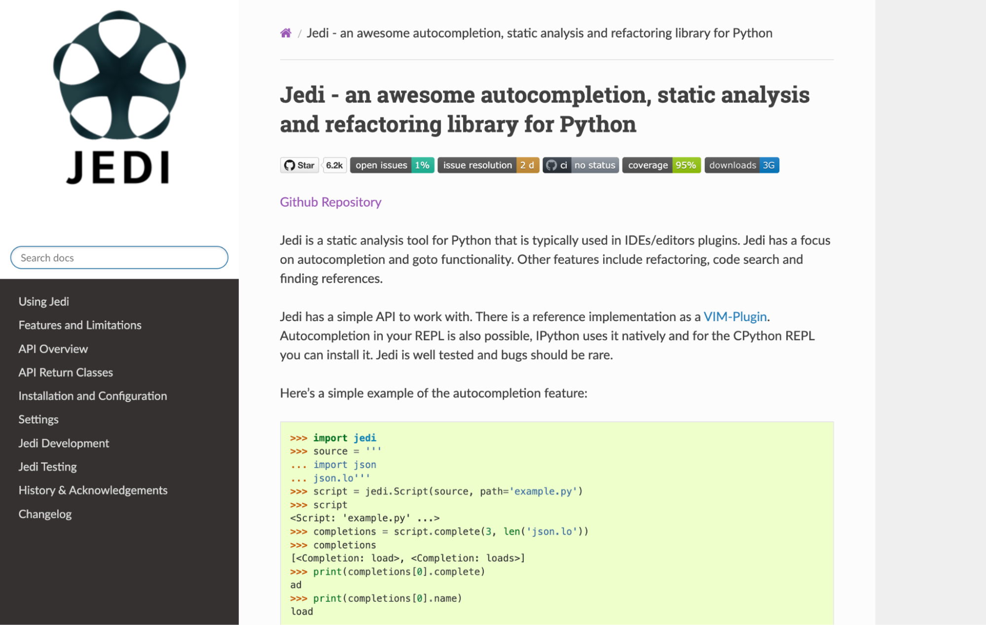 Jedi Python development tool interface showing static analysis, code completion, and Python code navigation