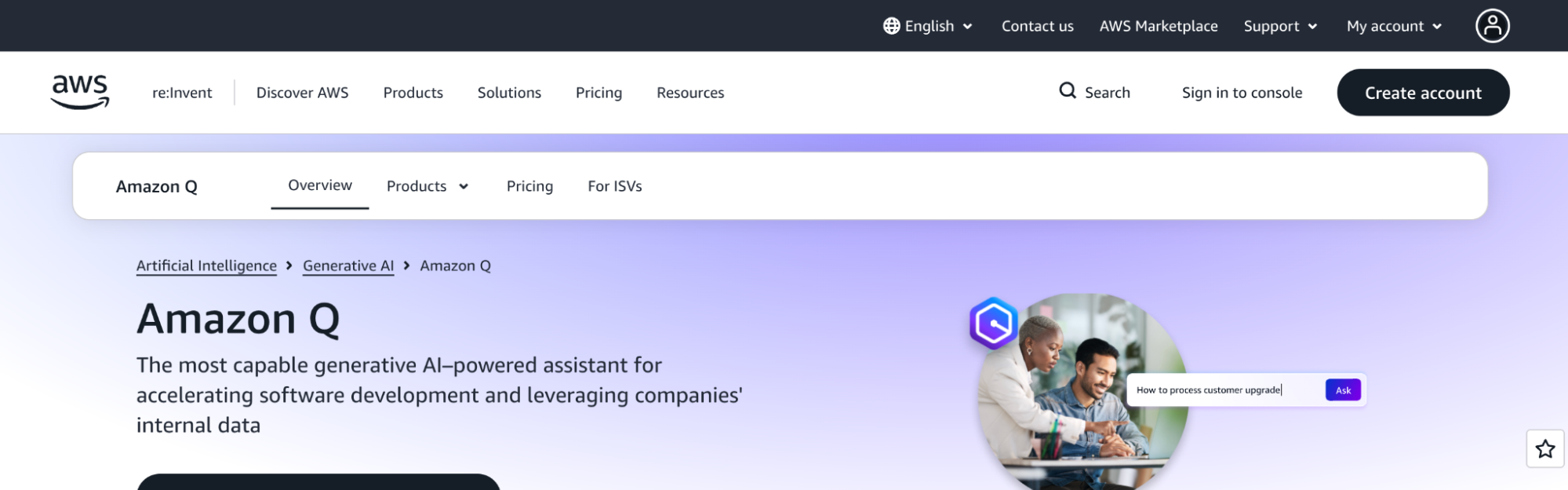 Amazon Q Developer interface showing AWS-focused AI coding assistance for software developers