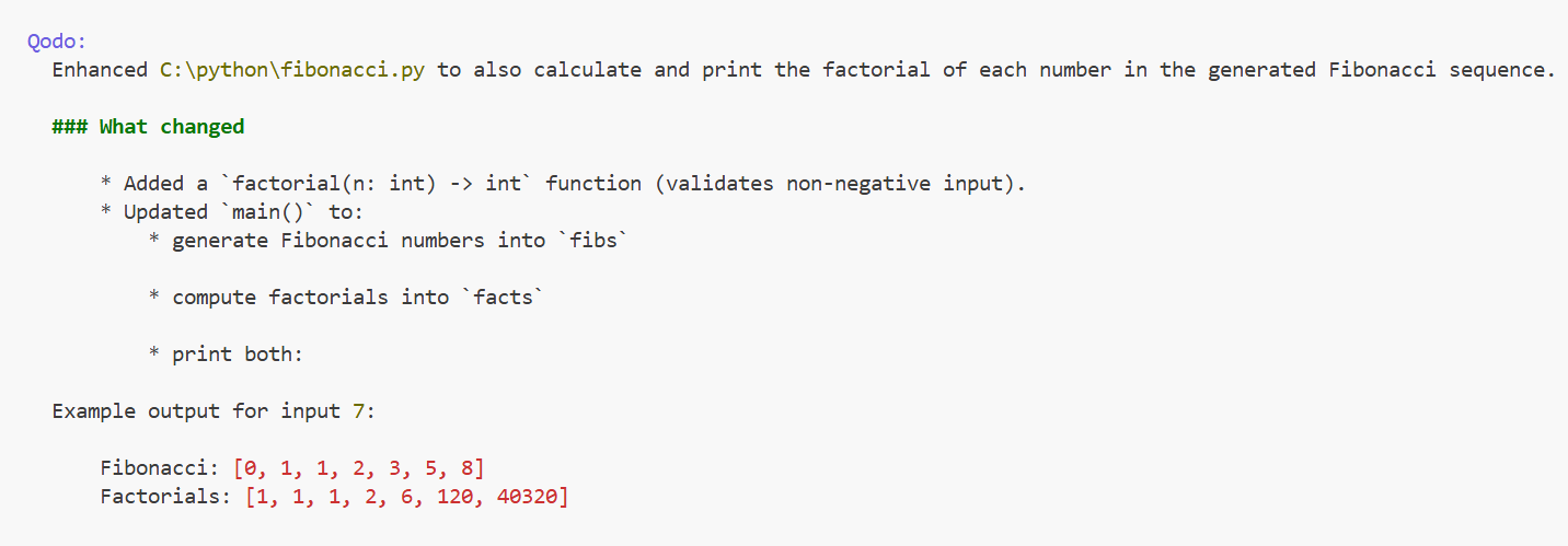 Qodo code editor showing a Python Fibonacci function with AI-generated code improvements and review options