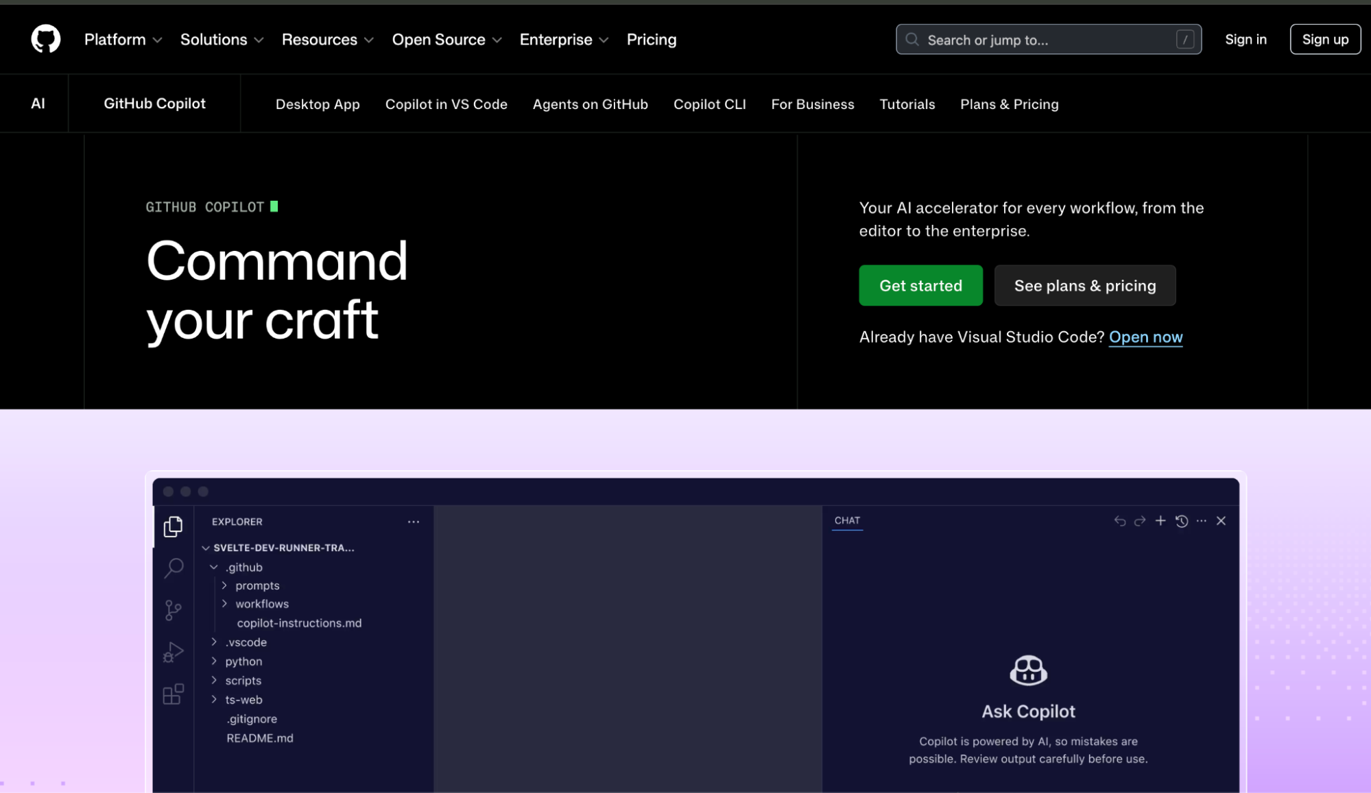 GitHub Copilot interface demonstrating AI-powered Python code generation and developer assistance